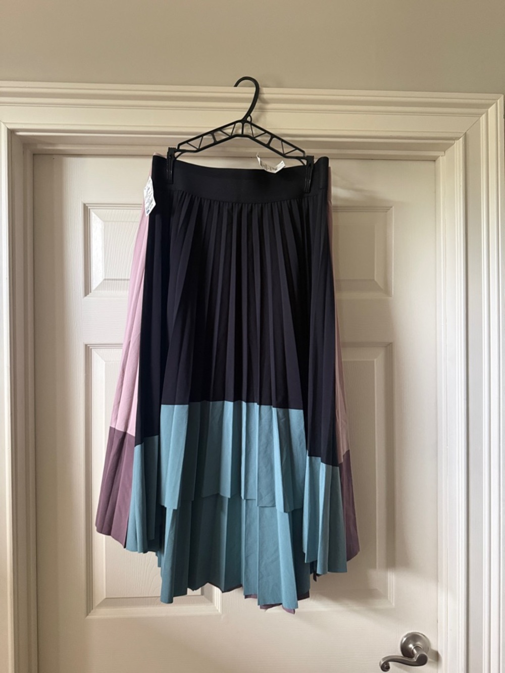 2-Pleated Colorblock Midi Skirt in Black, Dusty Blue & Mauve